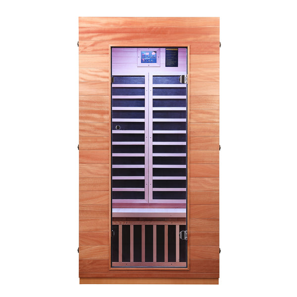 JL9101BTL - 1 Single Person Indoor Sauna Room with LED Light Bluetooth Low EMF FAR Infrared Sauna In Okoume & Hemlock Wood