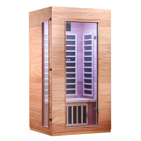 JL9101BTL - 1 Single Person Indoor Sauna Room with LED Light Bluetooth Low EMF FAR Infrared Sauna In Okoume & Hemlock Wood
